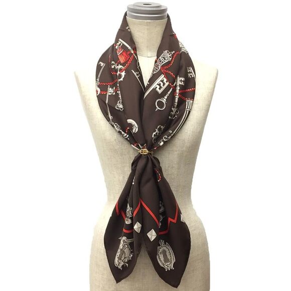 HERMES Authentic Brown Silk Scarf - Picture 2 of 3